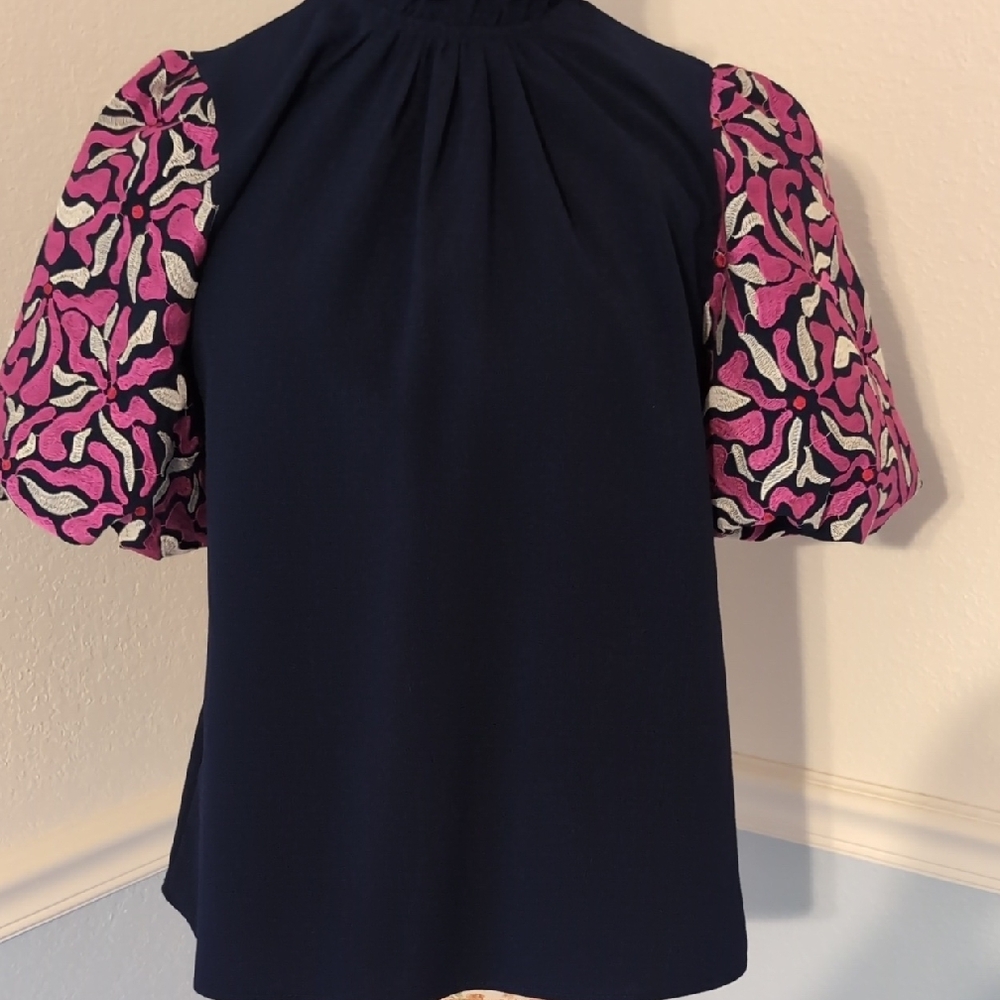 Navy Blue Top with Pink Patterned Sleeves